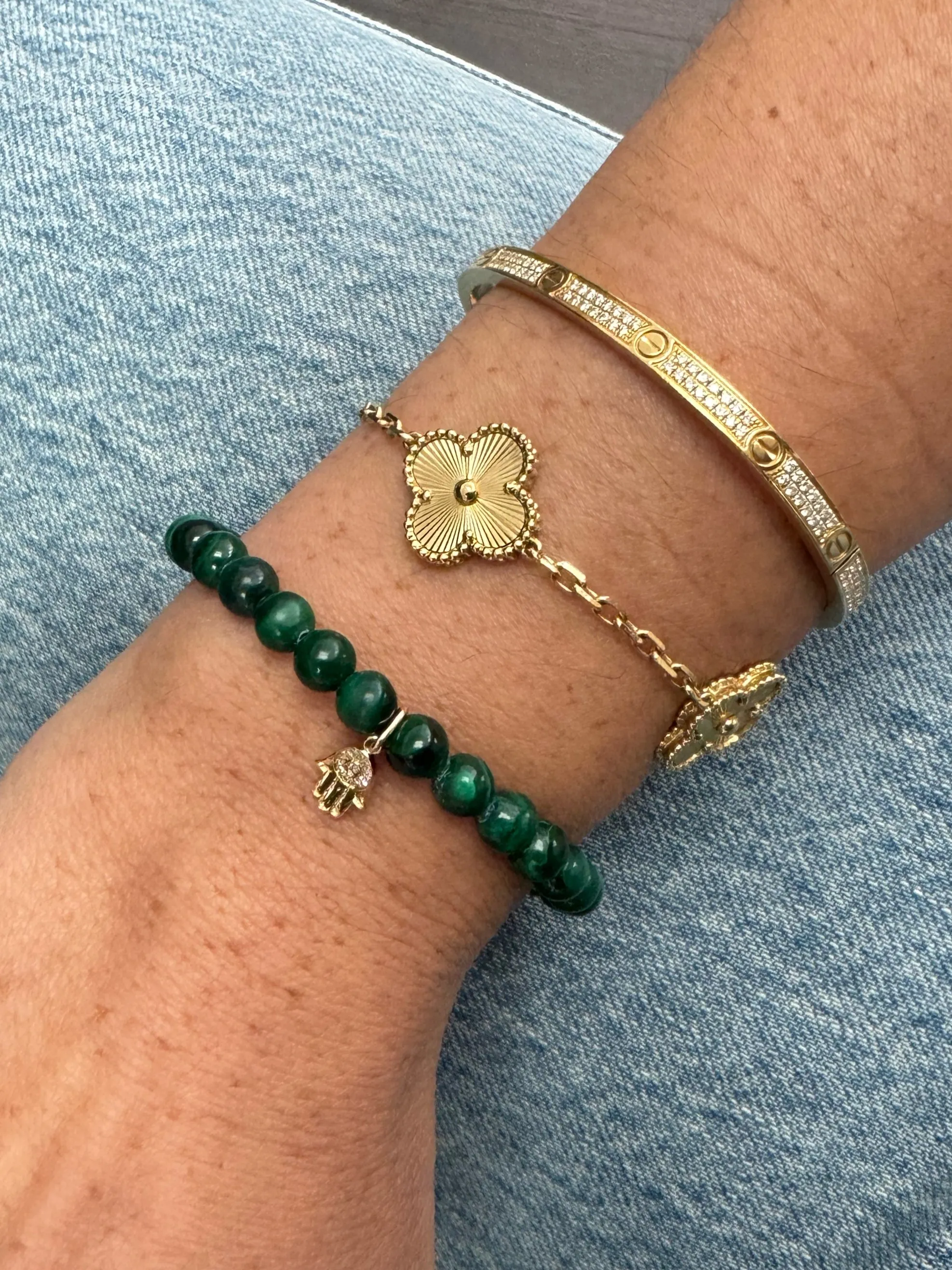 14K Gold Malachite Bead Hamsa Bracelet