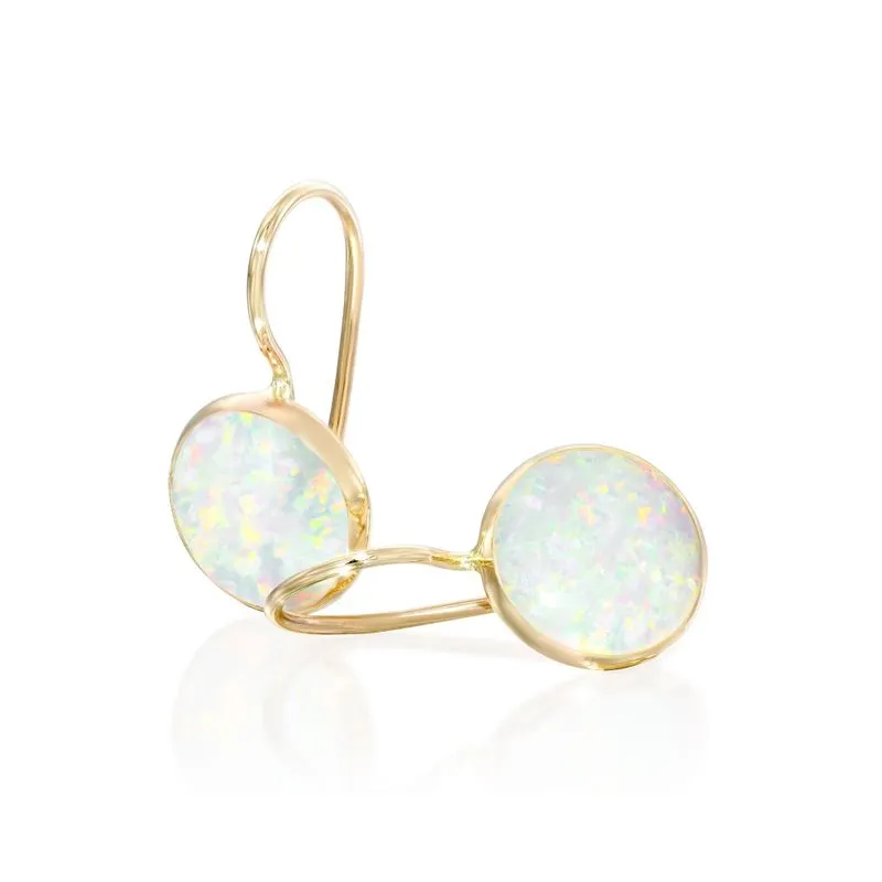 14K Yellow Gold Round White Opal 8mm Dangle Earrings