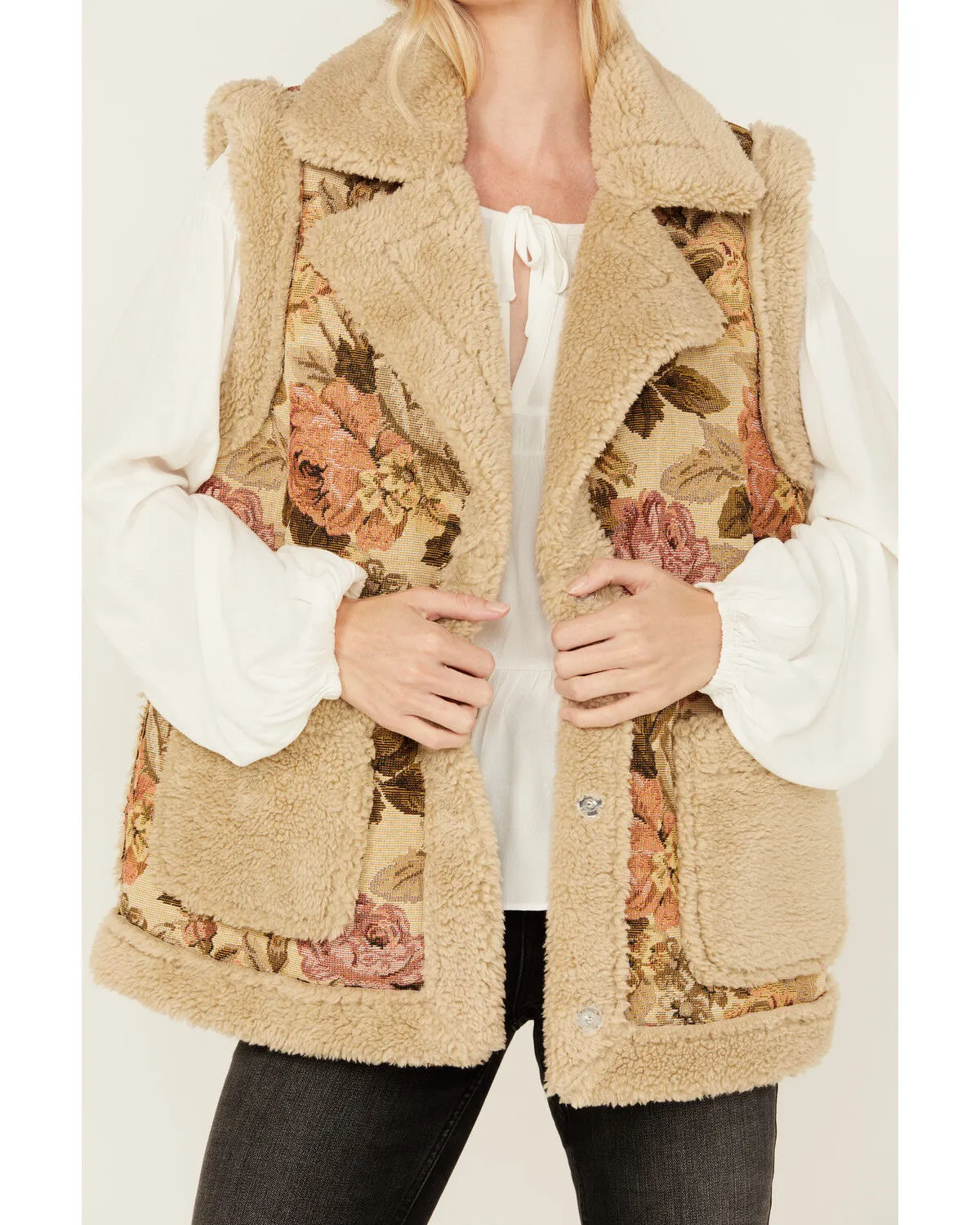 26 International Women's Floral Print Sherpa Lined Vest