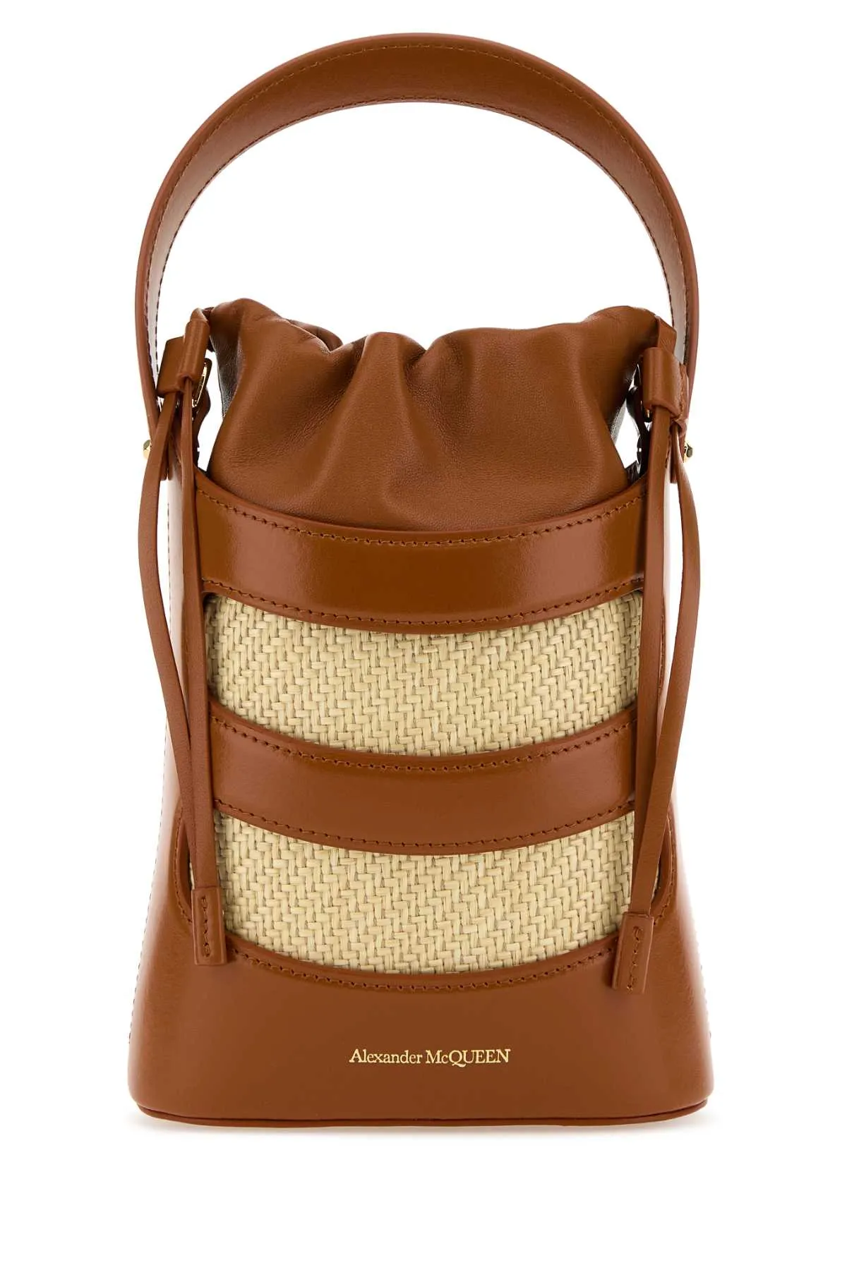 Alexander Mcqueen Two Tone Leather And Raffia Mini The Rise Bucket Bag