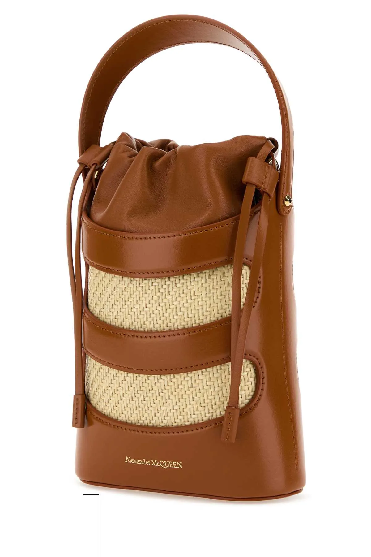 Alexander Mcqueen Two Tone Leather And Raffia Mini The Rise Bucket Bag