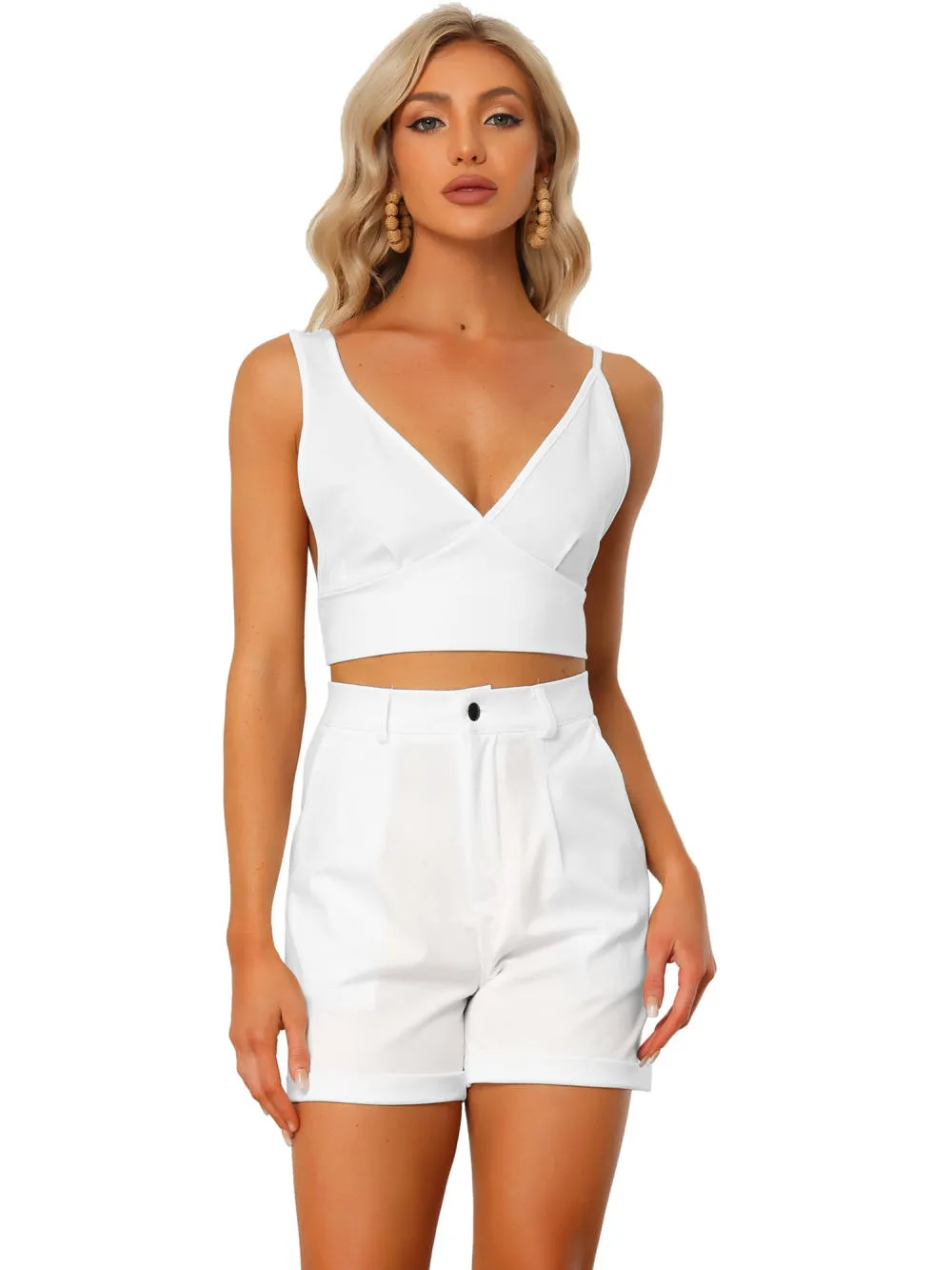 Allegra K- 2 Piece Sleeveless Knot Back Crop Top Camisole with Shorts