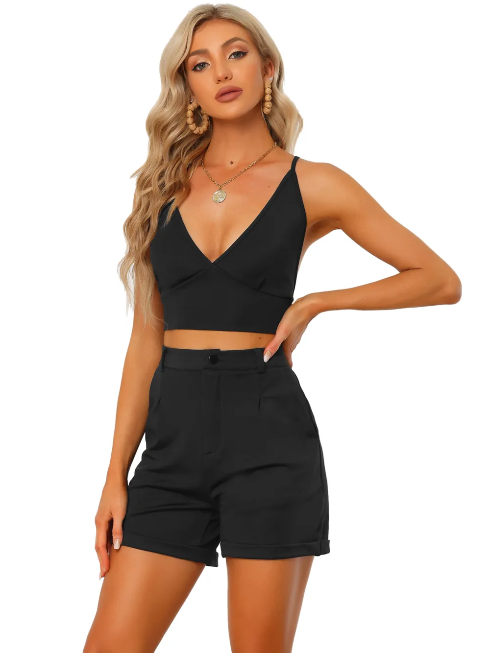 Allegra K- 2 Piece Sleeveless Knot Back Crop Top Camisole with Shorts