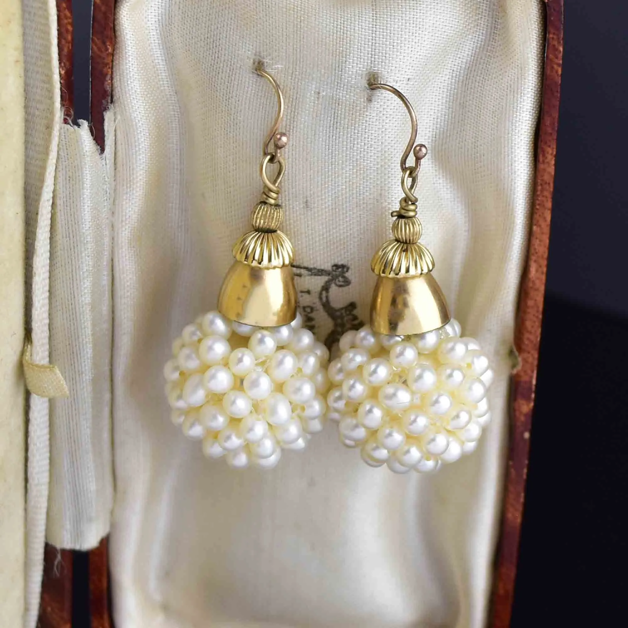 Antique 14K Gold Natural Pearl Cluster Ball Earrings