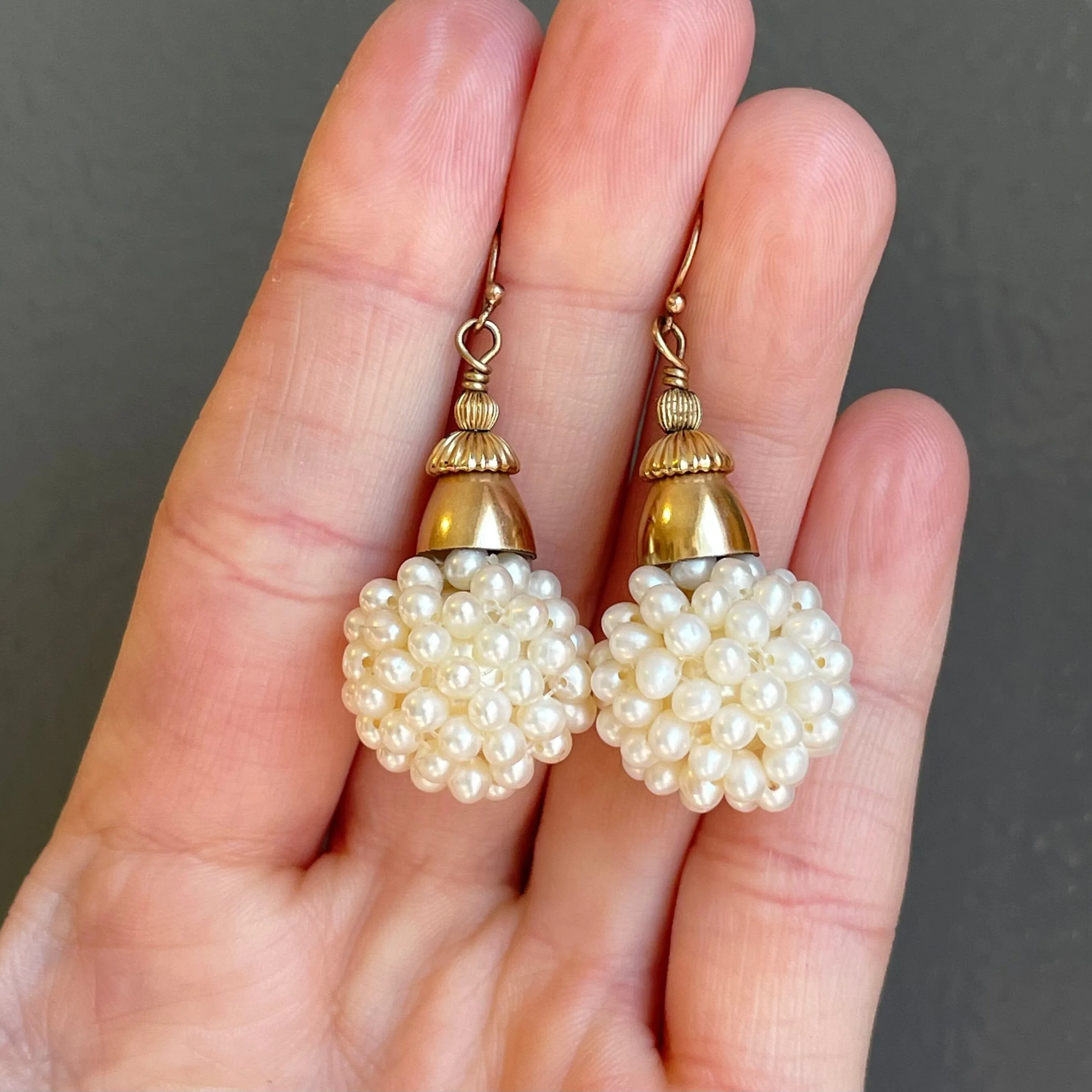 Antique 14K Gold Natural Pearl Cluster Ball Earrings