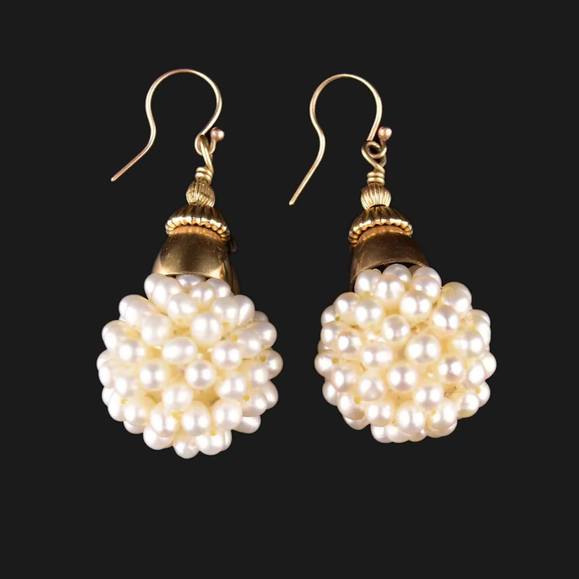 Antique 14K Gold Natural Pearl Cluster Ball Earrings