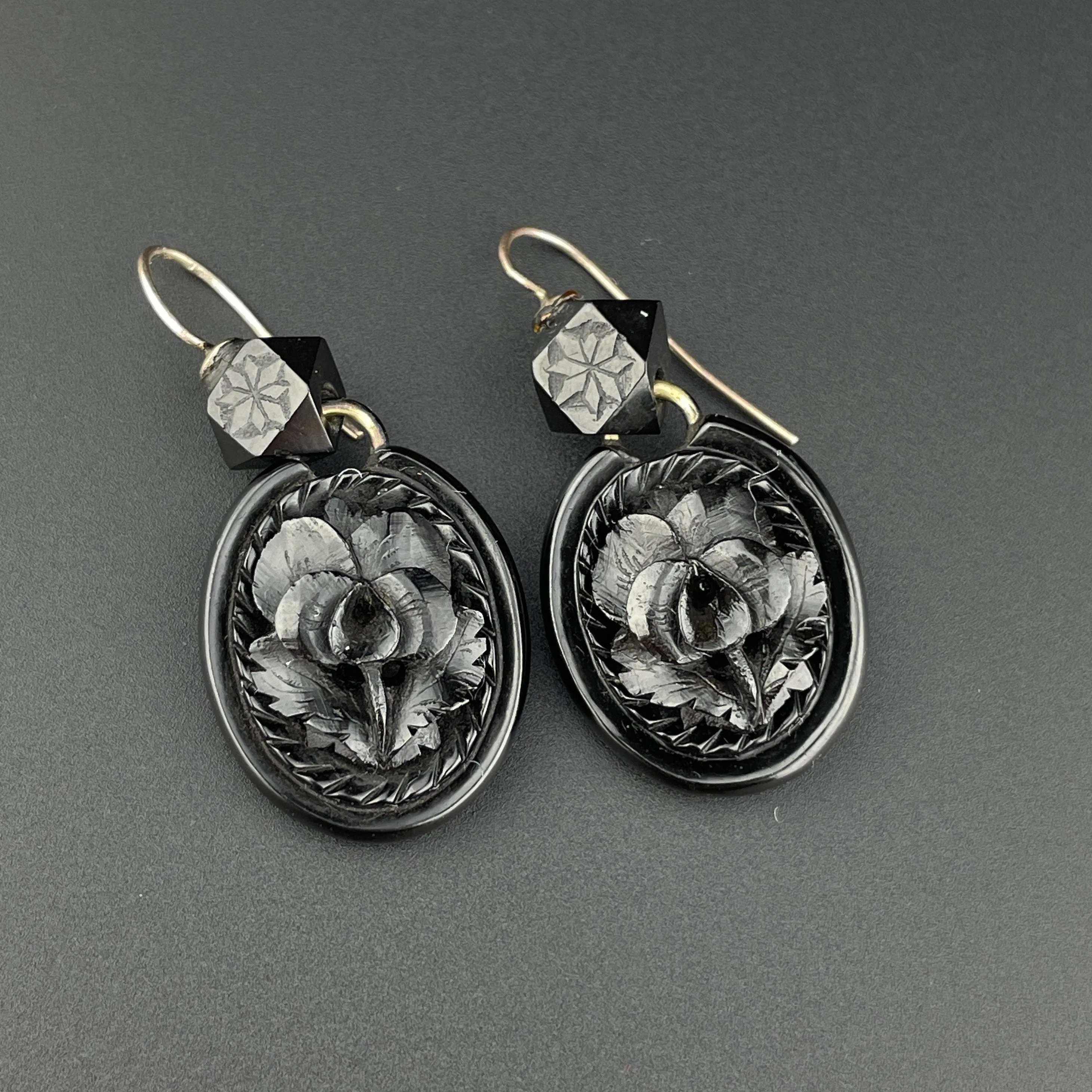 Antique Victorian Carved Whitby Jet Floral Drop Earrings