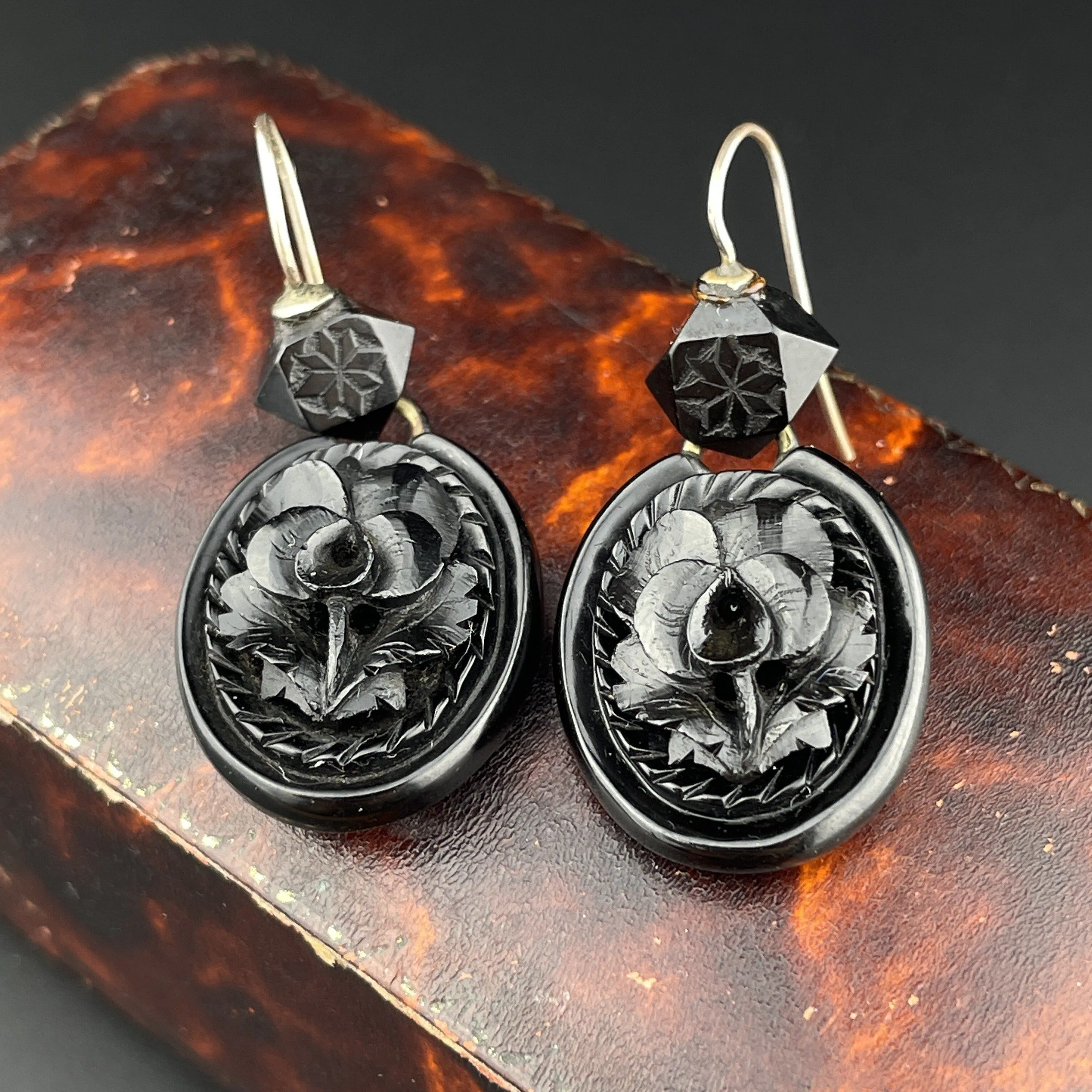 Antique Victorian Carved Whitby Jet Floral Drop Earrings