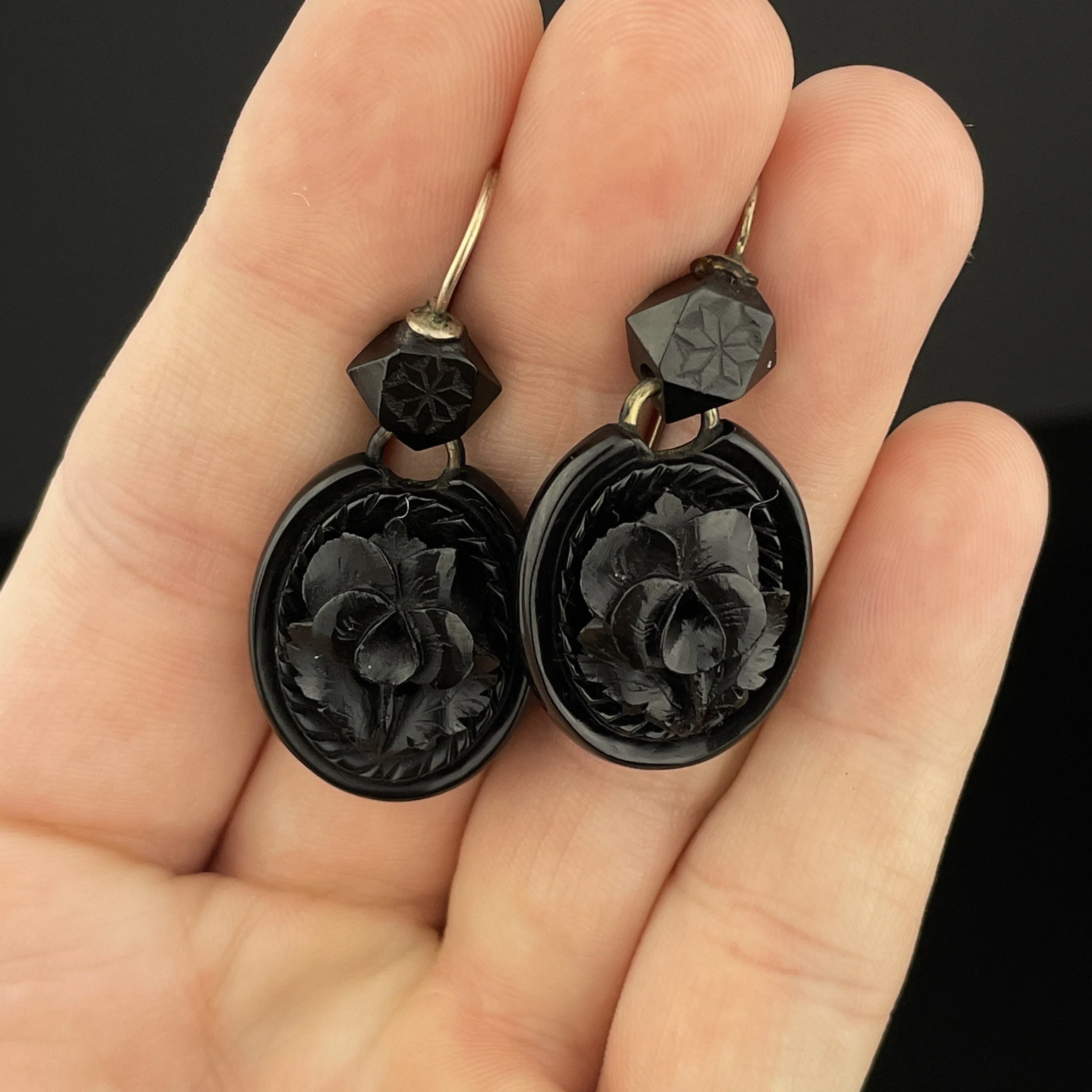 Antique Victorian Carved Whitby Jet Floral Drop Earrings