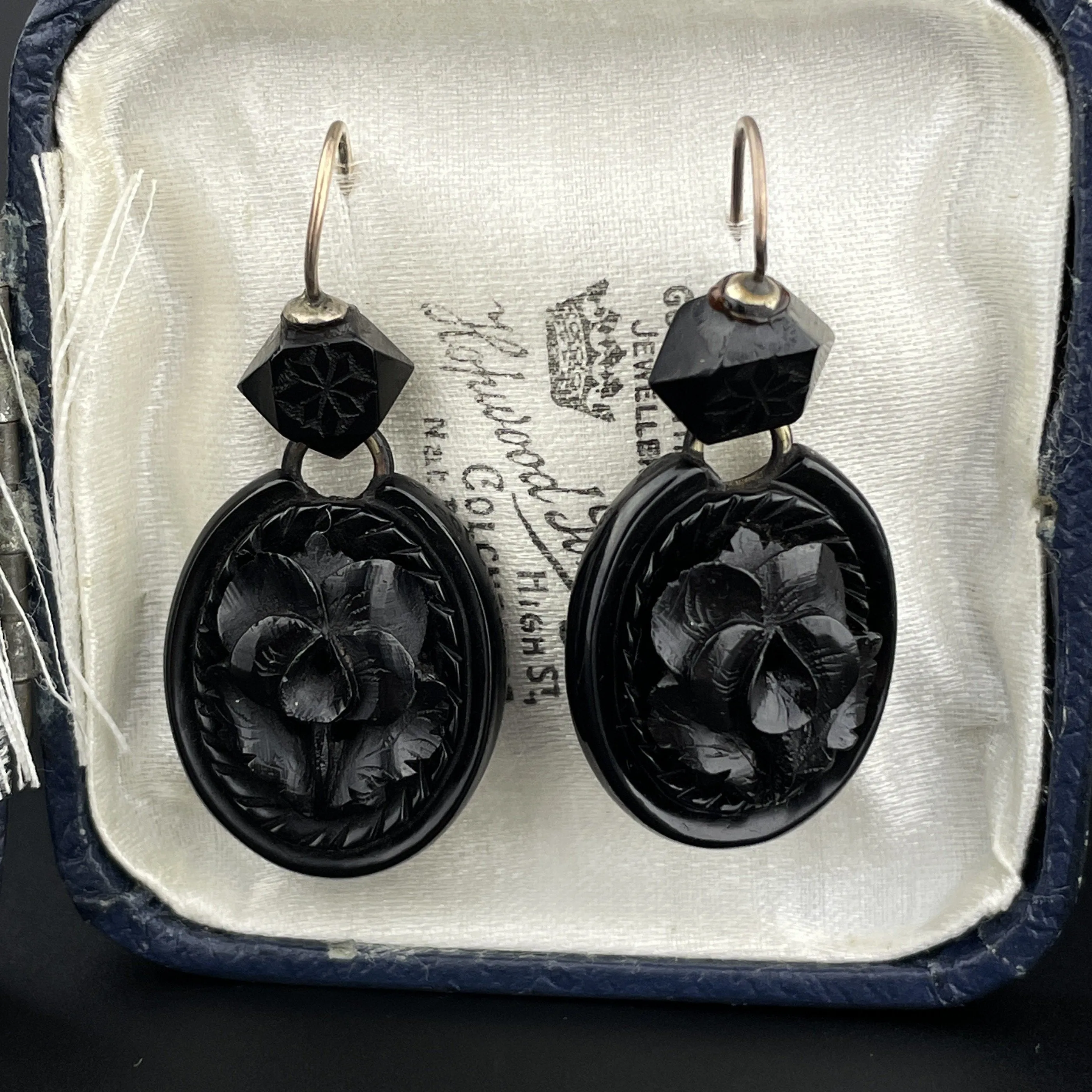 Antique Victorian Carved Whitby Jet Floral Drop Earrings