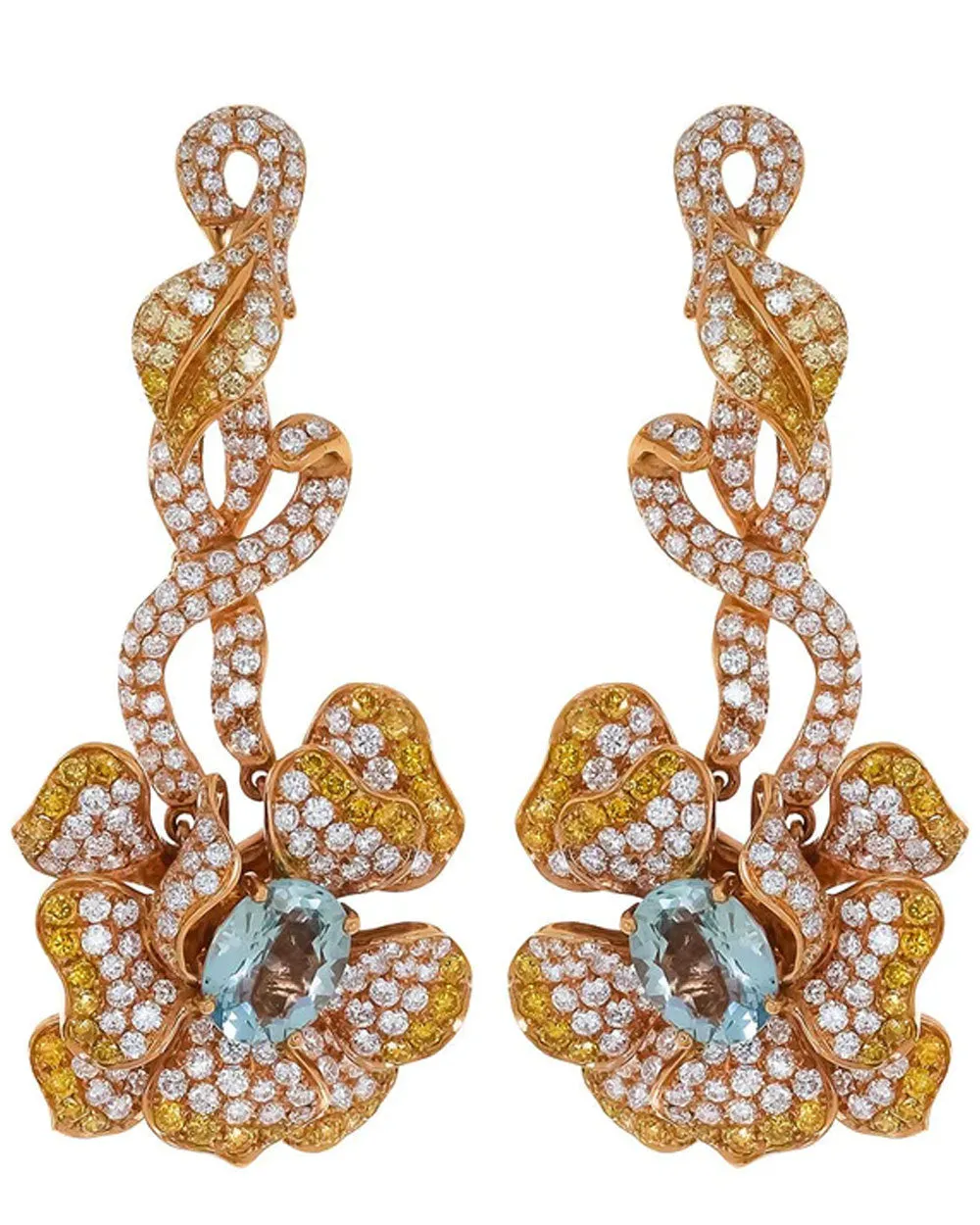 Aquamarine Gold Diamond Flower Earrings