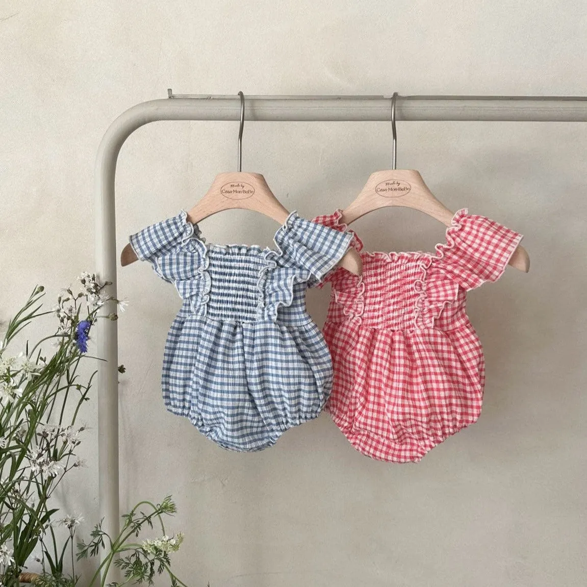 Baby Monbebe Gingham Ruffle Short Sleeve Romper (3-24m) - 2 Colors