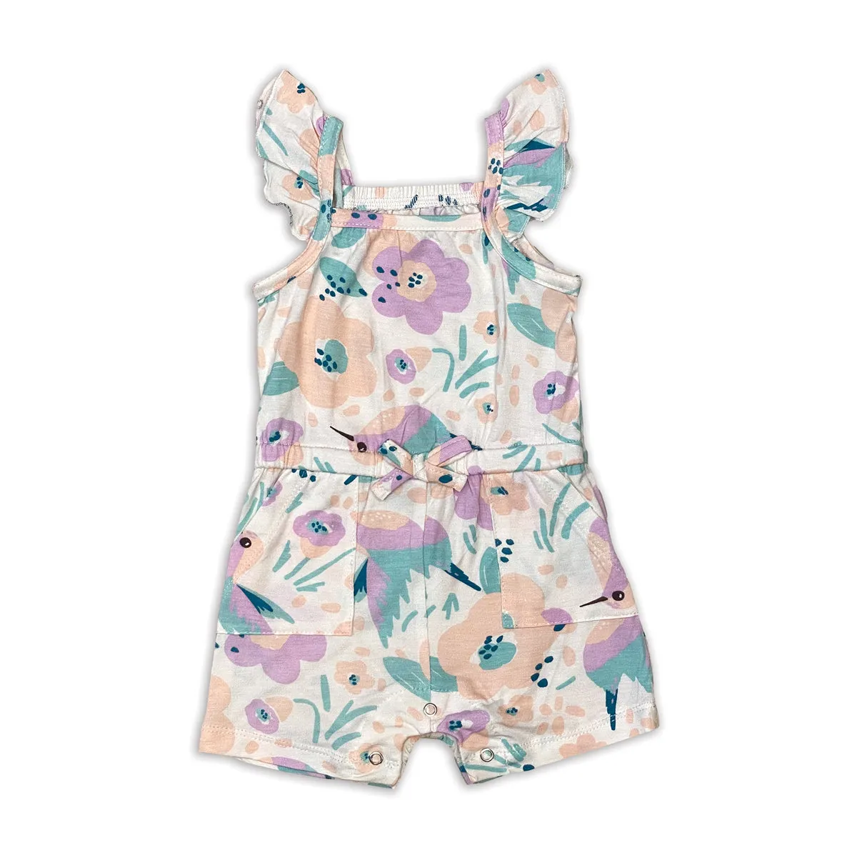 Bamboo Sleeveless Ruffle Romper (Hummingbird Garden Print)