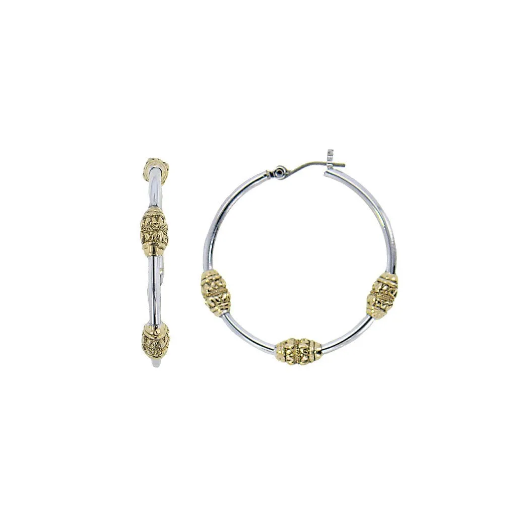 Beaded Two Tone Tri-Bead Hoop Earrings