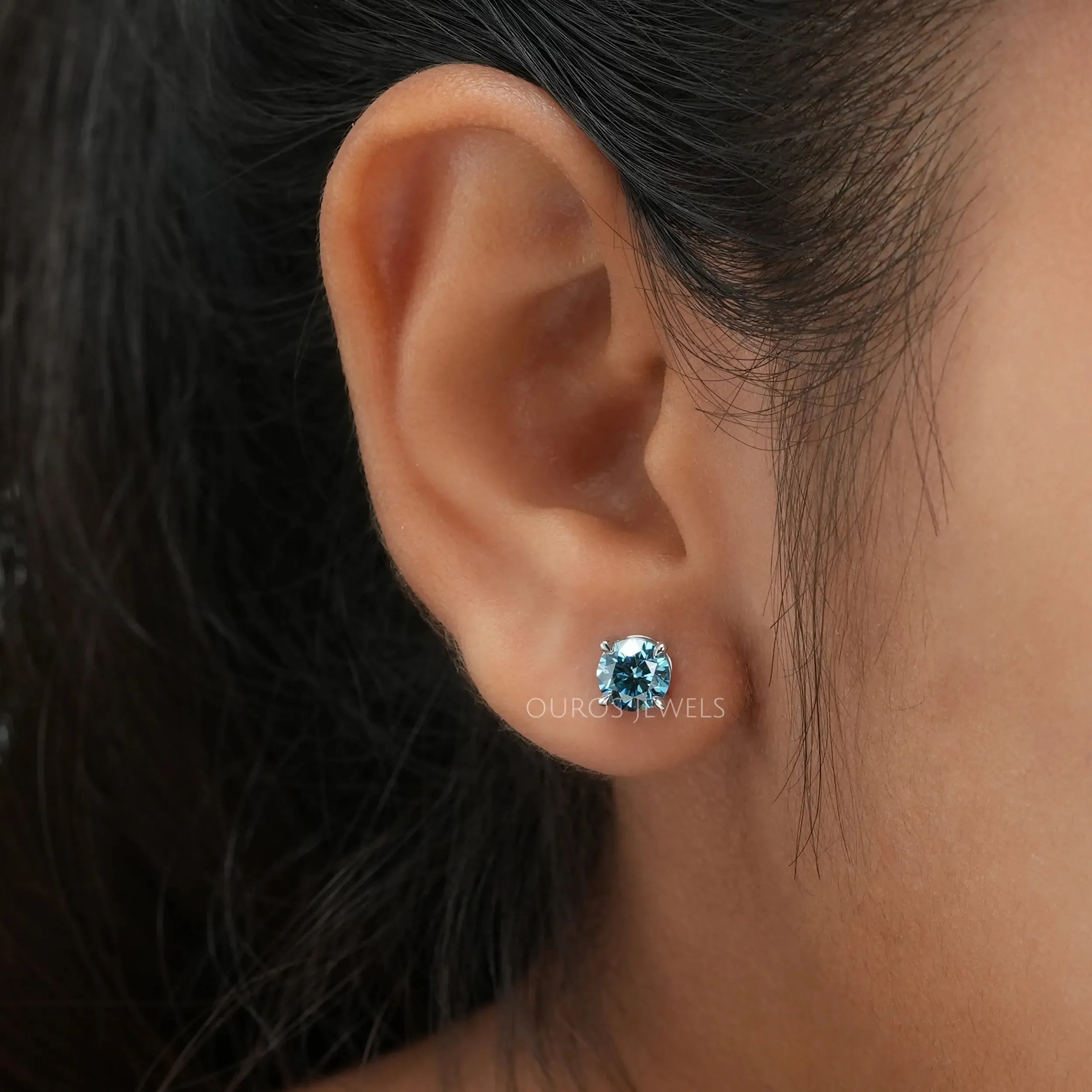 Blue Round Solitaire Stud Earrings