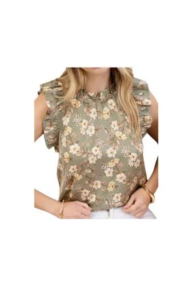 BLUPEPPER SLEEVELESS FLORAL RUFFLE TRIM TOP