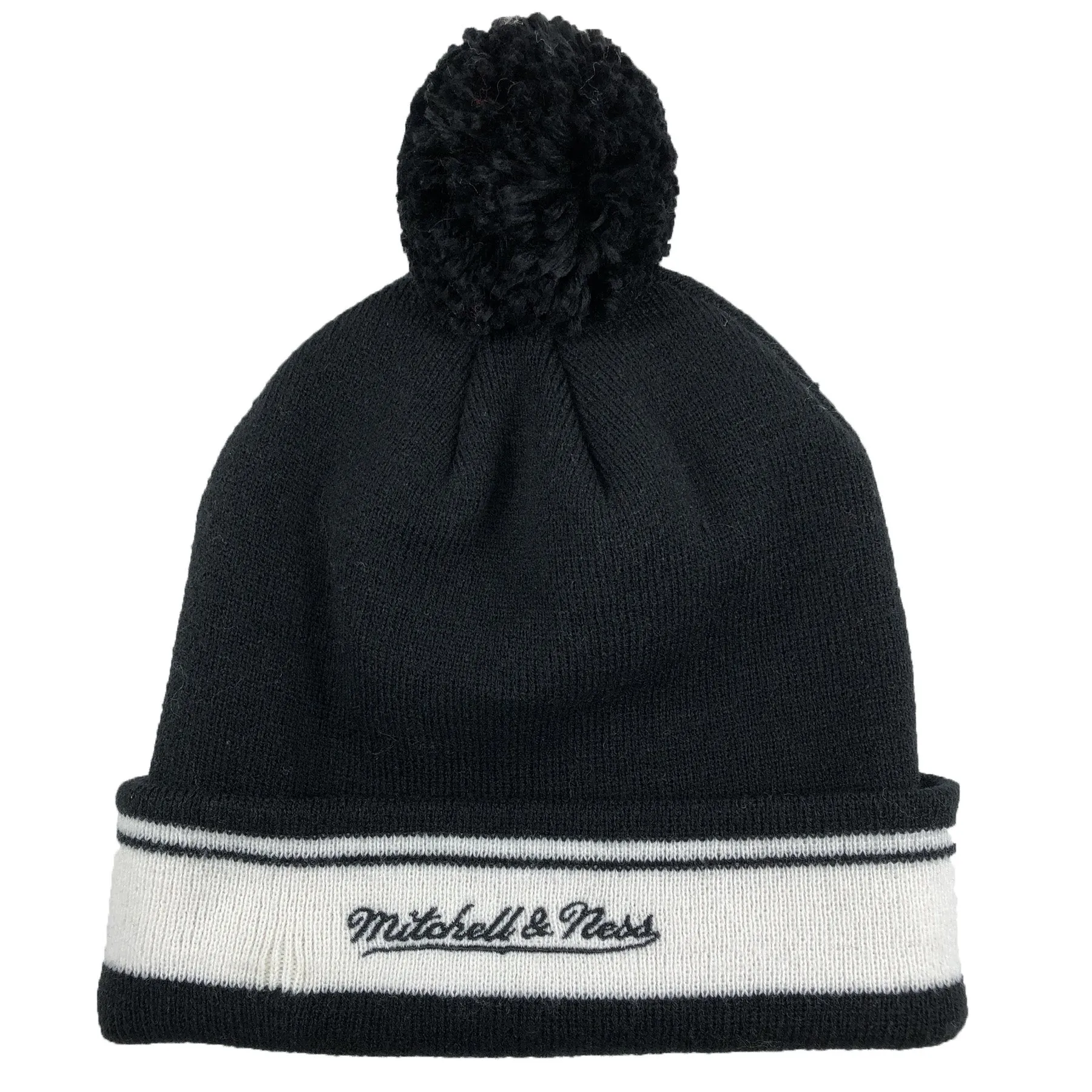 Brooklyn Nets Striped Cuffed Pom Pom Winter Beanie | Black Beanie