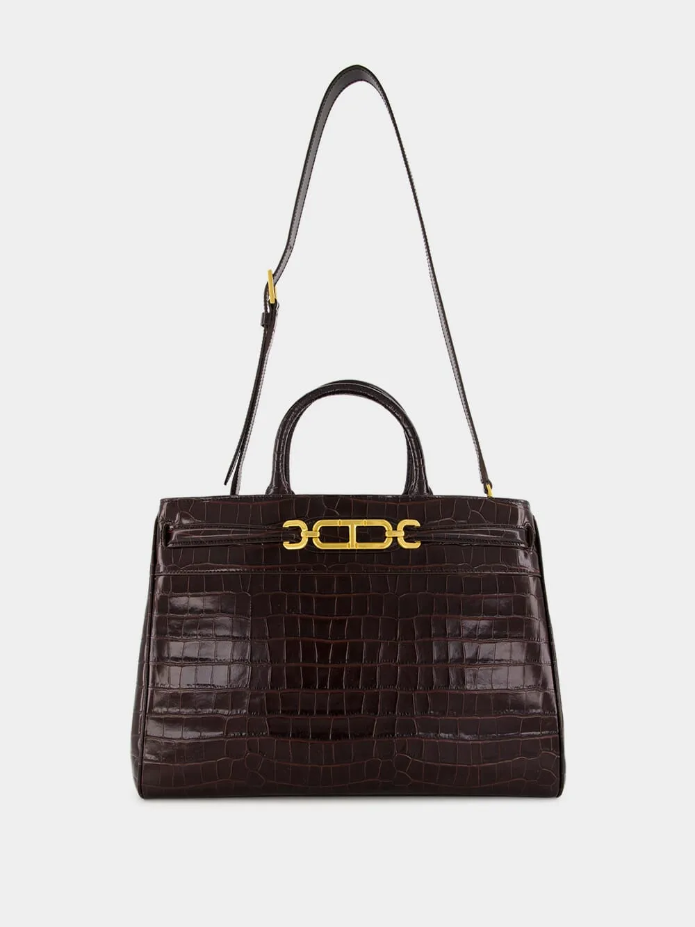 Brown Crocodile-Embossed Leather Bag