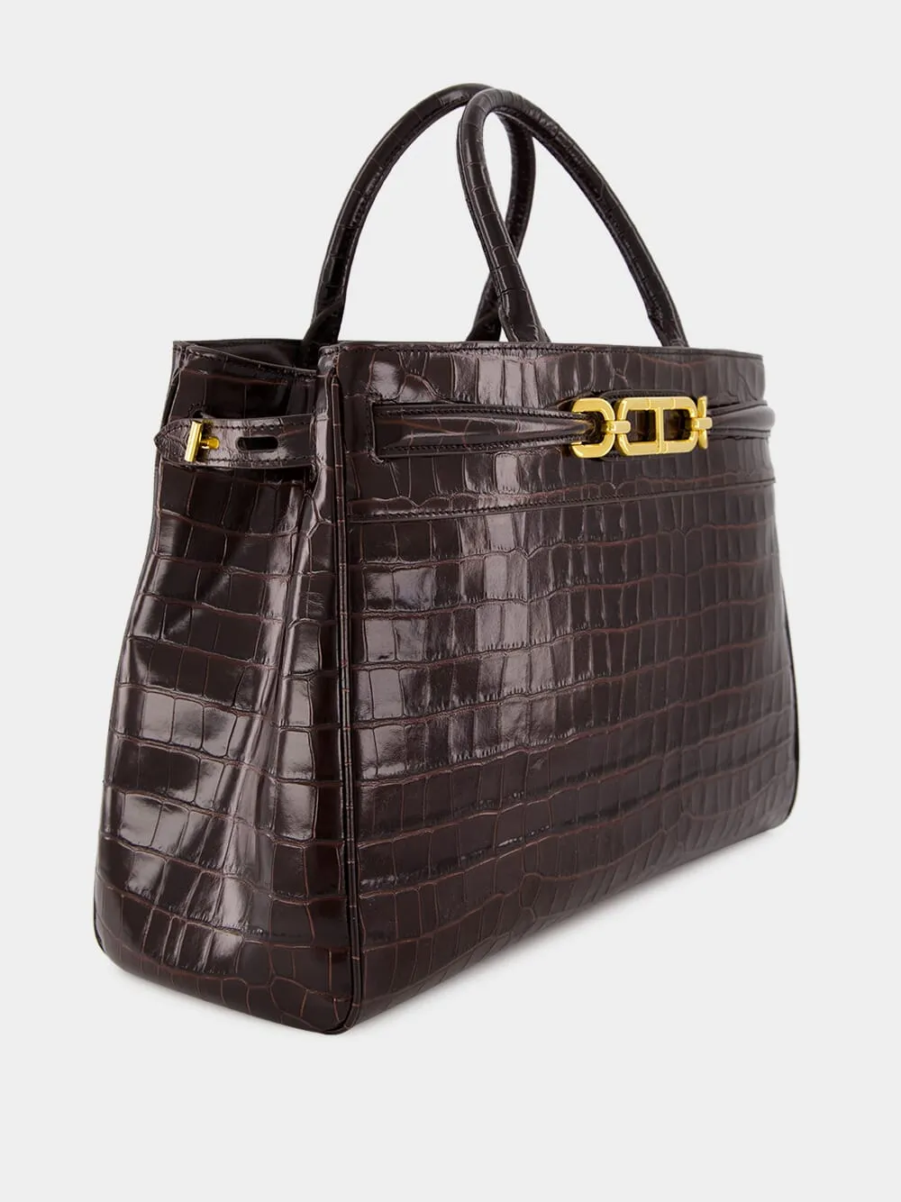 Brown Crocodile-Embossed Leather Bag