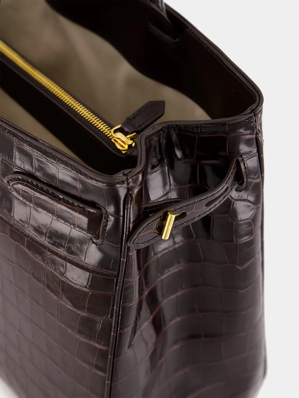 Brown Crocodile-Embossed Leather Bag