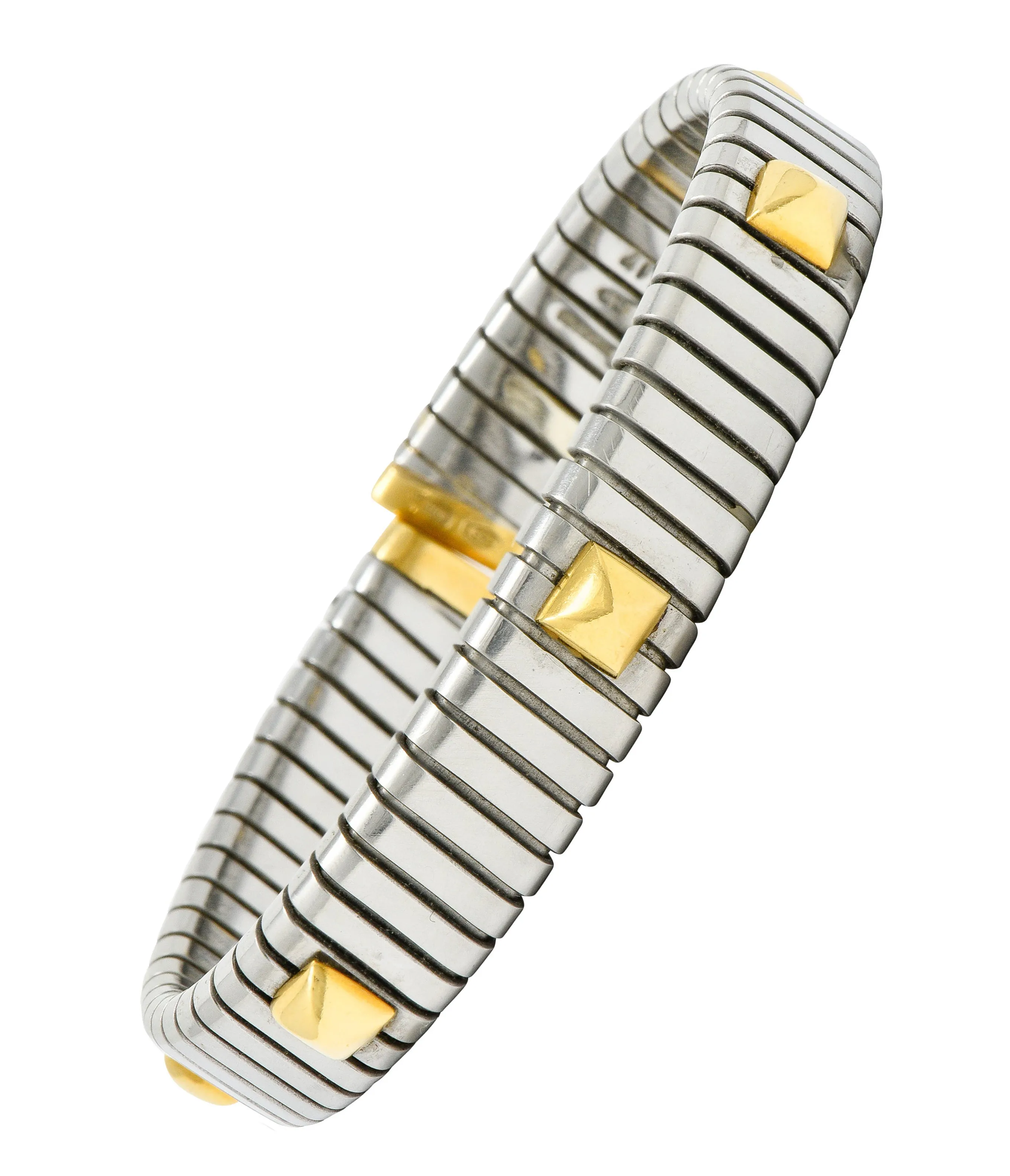 Bulgari 18 Karat Gold Stainless Steel Two-Tone Sugarloaf Tubogas Cuff Bracelet