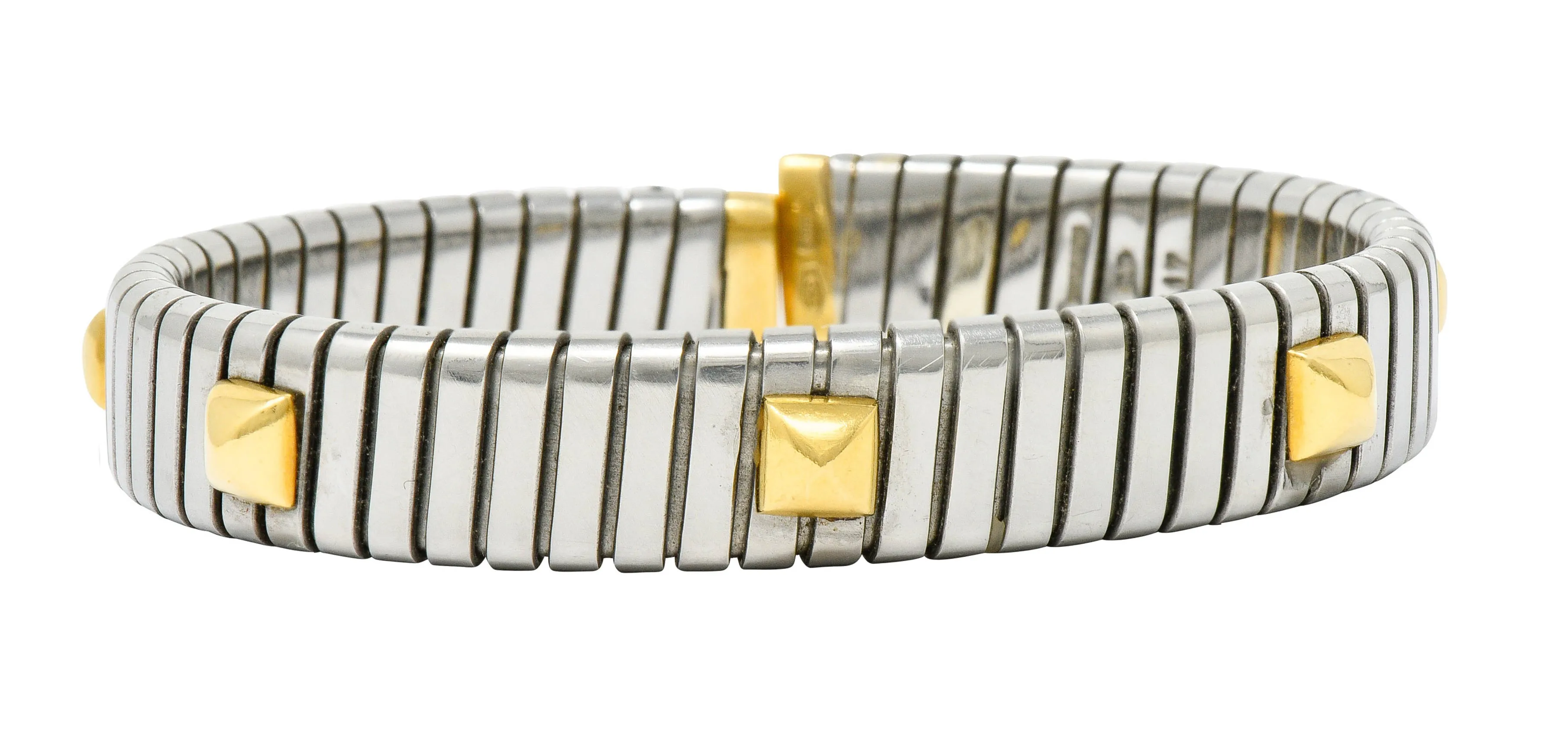 Bulgari 18 Karat Gold Stainless Steel Two-Tone Sugarloaf Tubogas Cuff Bracelet