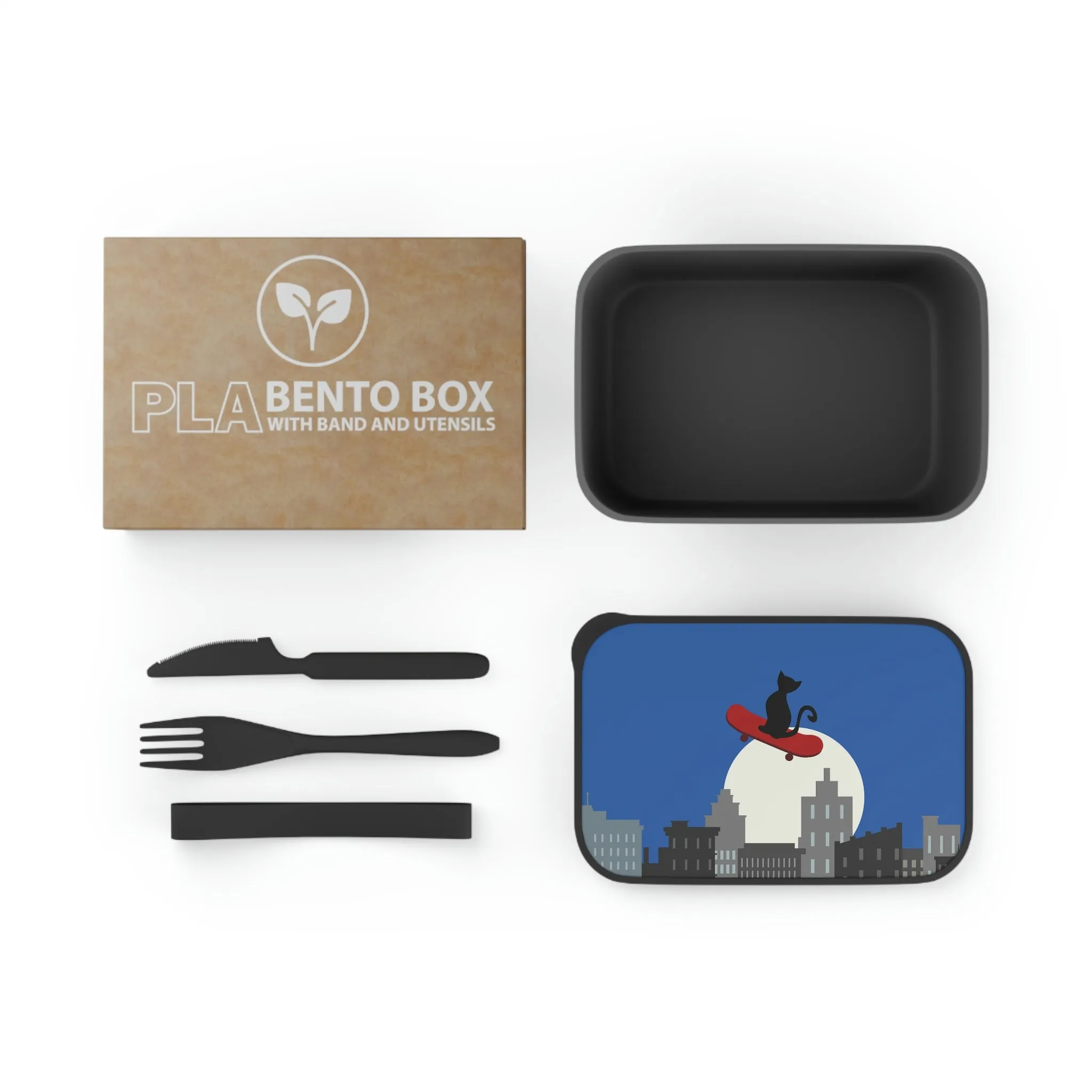 Cat On Skateboard PLA Bento Lunch Box with Band and Utensils