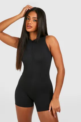 Contour Seamless Rib Zip Sleeveless Unitard Romper