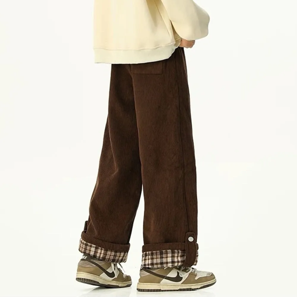 Cord Wide-Leg Pants with Plaid Cuffs