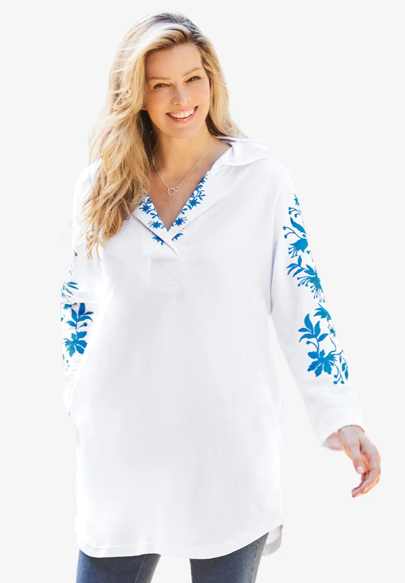 Embroidered Split-Neck Sweatshirt Tunic