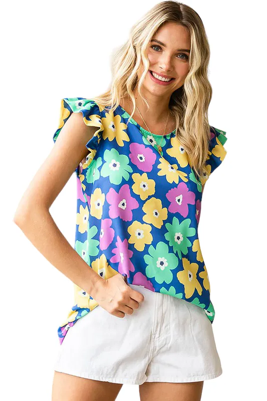 FLORAL RUFFLE TRIM SLEEVELESS TOP