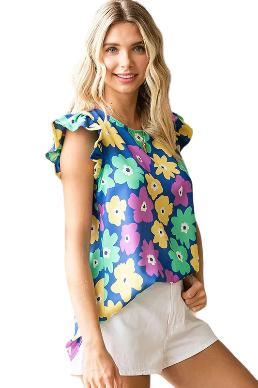 FLORAL RUFFLE TRIM SLEEVELESS TOP