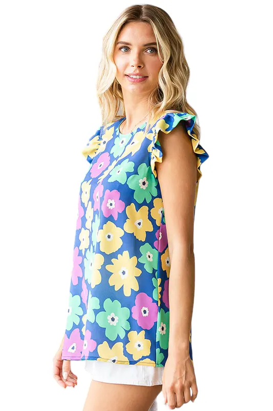 FLORAL RUFFLE TRIM SLEEVELESS TOP