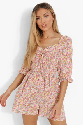 Floral Shirred Bust Puff Sleeve Romper