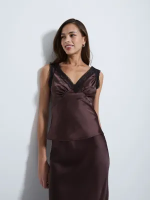 G21 Brown Lace Trim Satin Vest | Women | George at ASDA