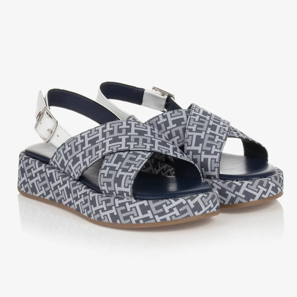 Girls Blue Fabric Cross Over Wedge Sandals