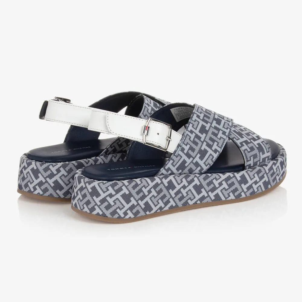 Girls Blue Fabric Cross Over Wedge Sandals