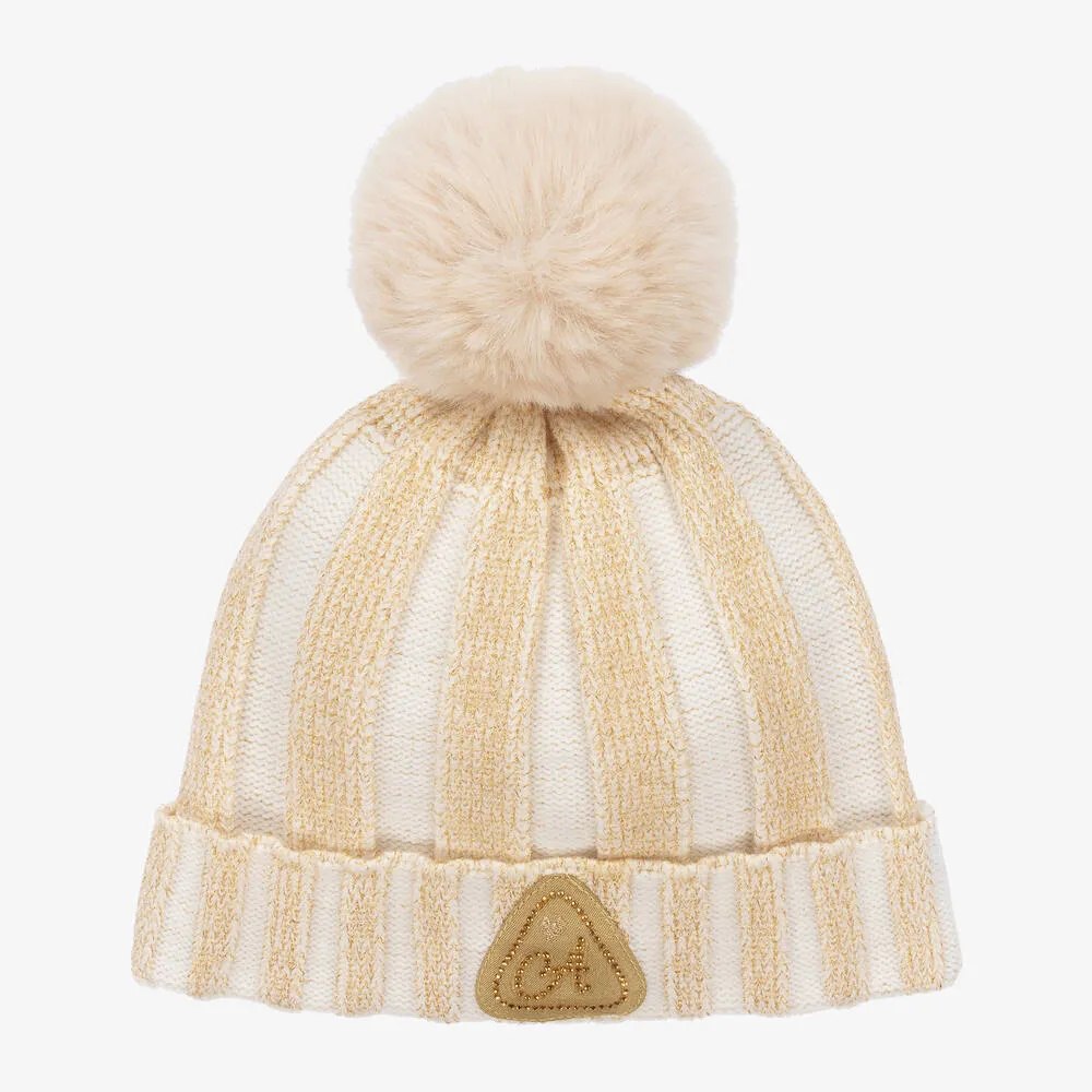 Girls White & Gold Stripe Knit Hat