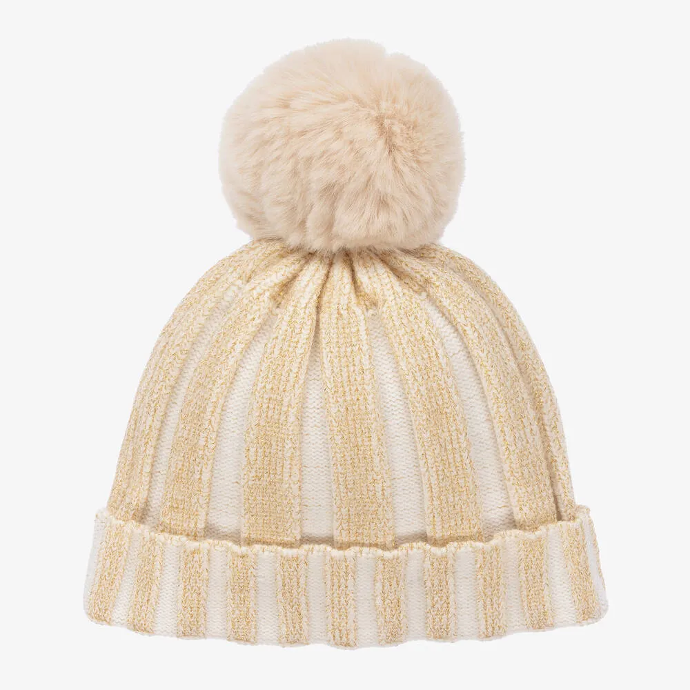 Girls White & Gold Stripe Knit Hat