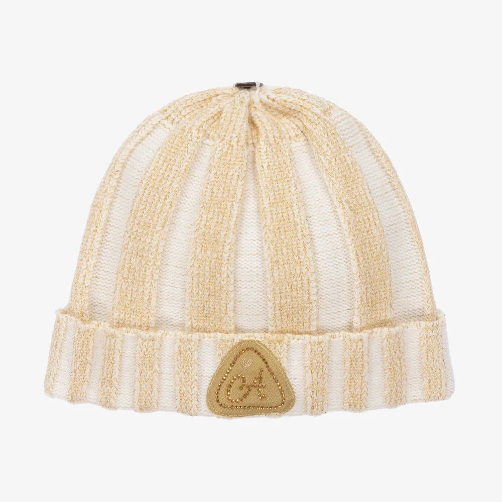 Girls White & Gold Stripe Knit Hat