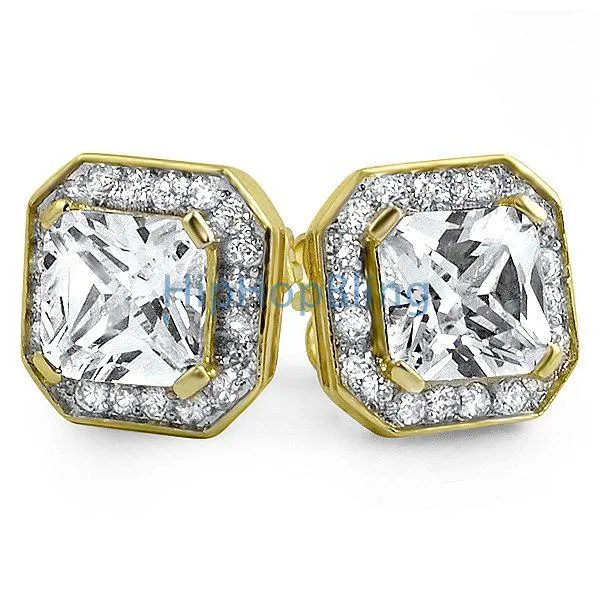 Gold Iced Out Princess CZ Micro Pave Earrings