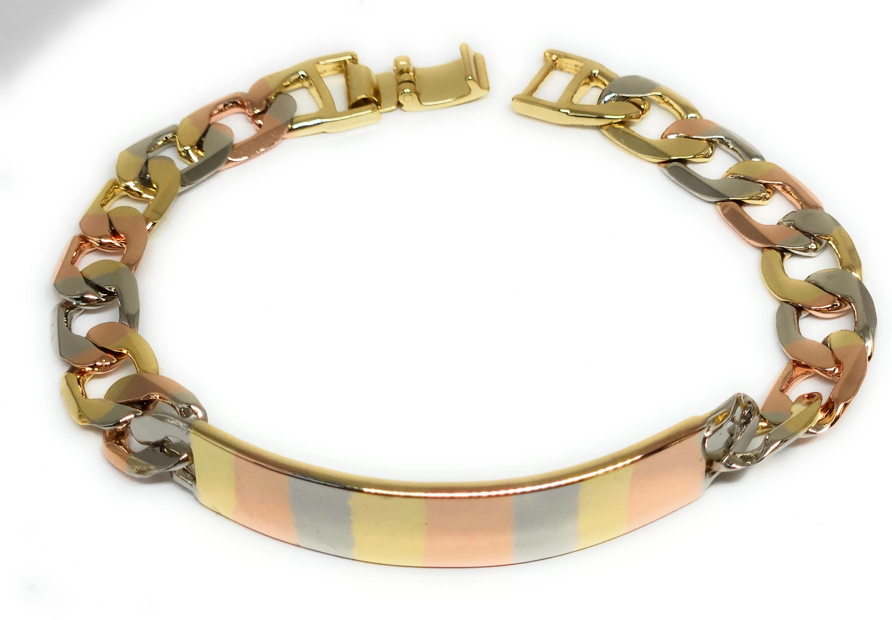 Gold Plated TRI-COLOR CUBAN LINK ID Bracelet 8” 10mm Width Esclava