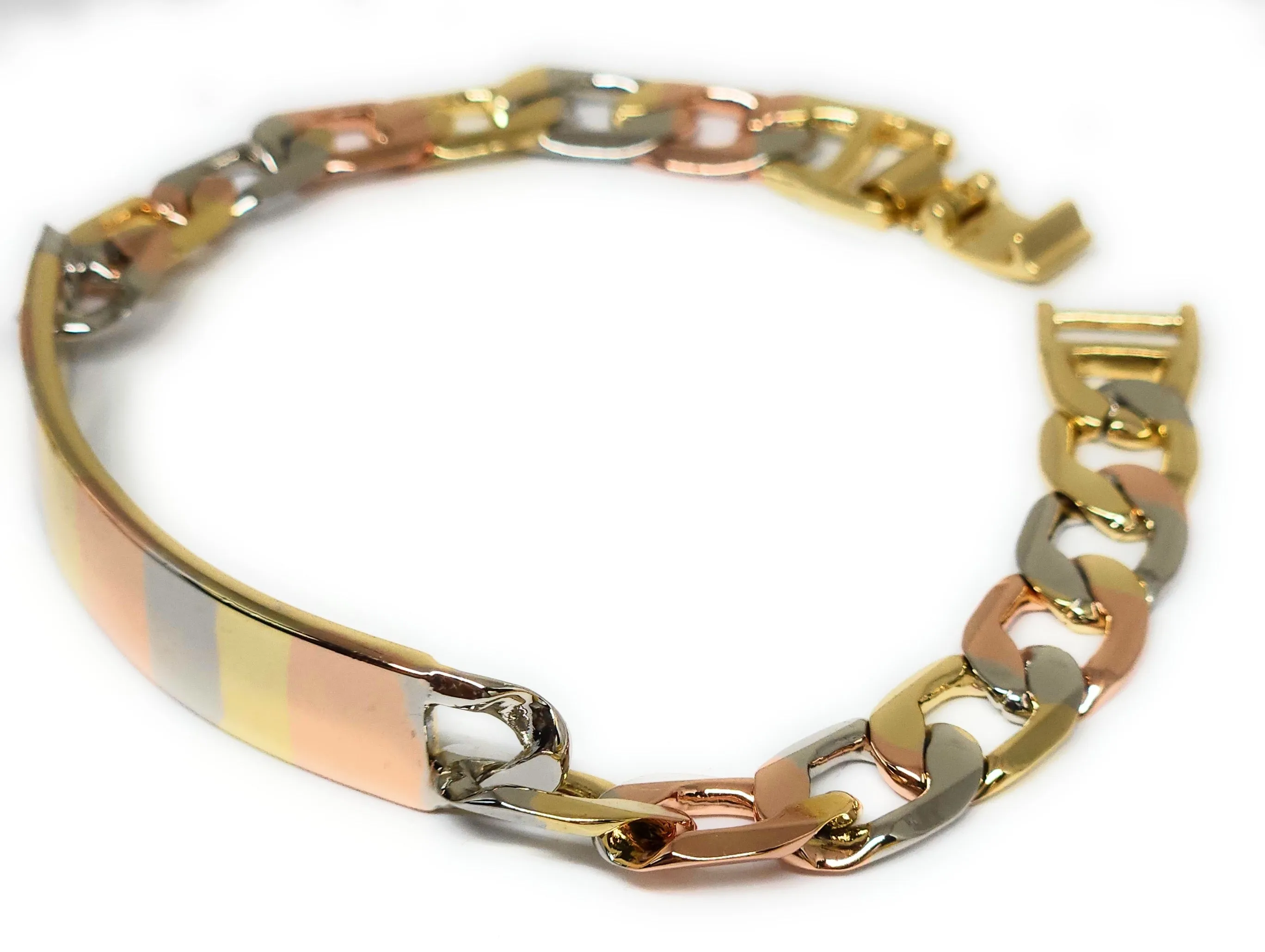 Gold Plated TRI-COLOR CUBAN LINK ID Bracelet 8” 10mm Width Esclava