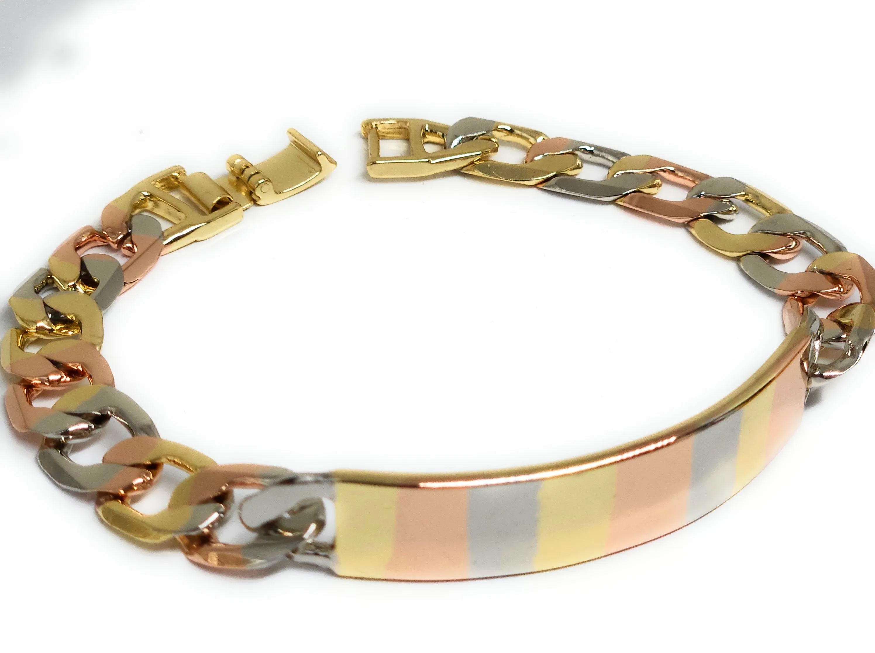 Gold Plated TRI-COLOR CUBAN LINK ID Bracelet 8” 10mm Width Esclava