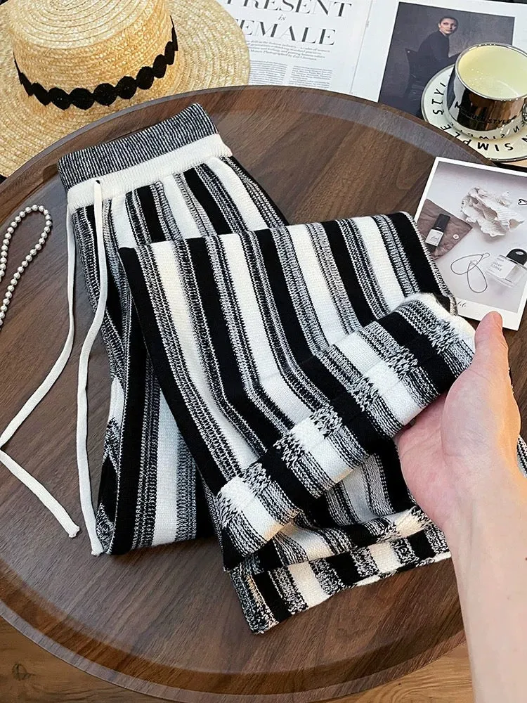 Japanese high street ins high-end fried street 2024 spring and autumn new high-waist drape black and white striped floor-length 