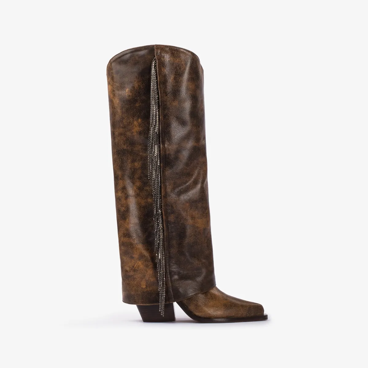 JEWEL COWBOY BOOT 100 mm Brown vintage effect leather cuffed Western-inspired knee boot