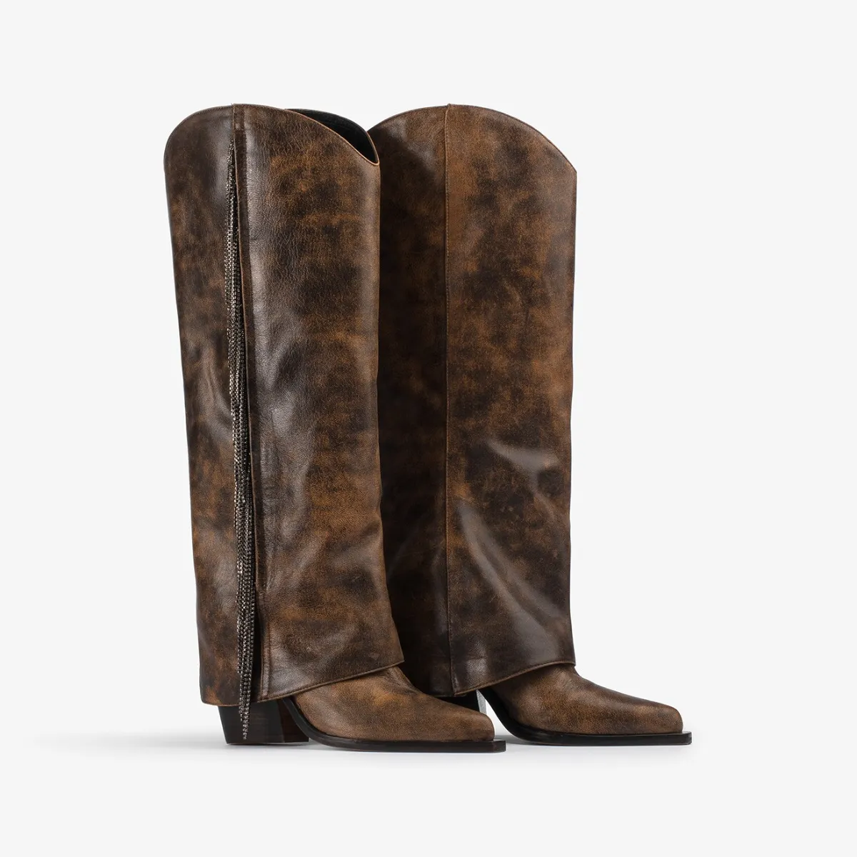 JEWEL COWBOY BOOT 100 mm Brown vintage effect leather cuffed Western-inspired knee boot