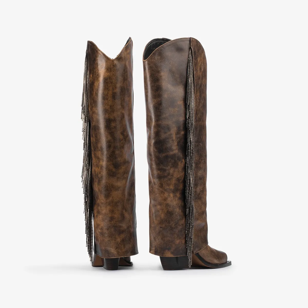 JEWEL COWBOY BOOT 100 mm Brown vintage effect leather cuffed Western-inspired knee boot