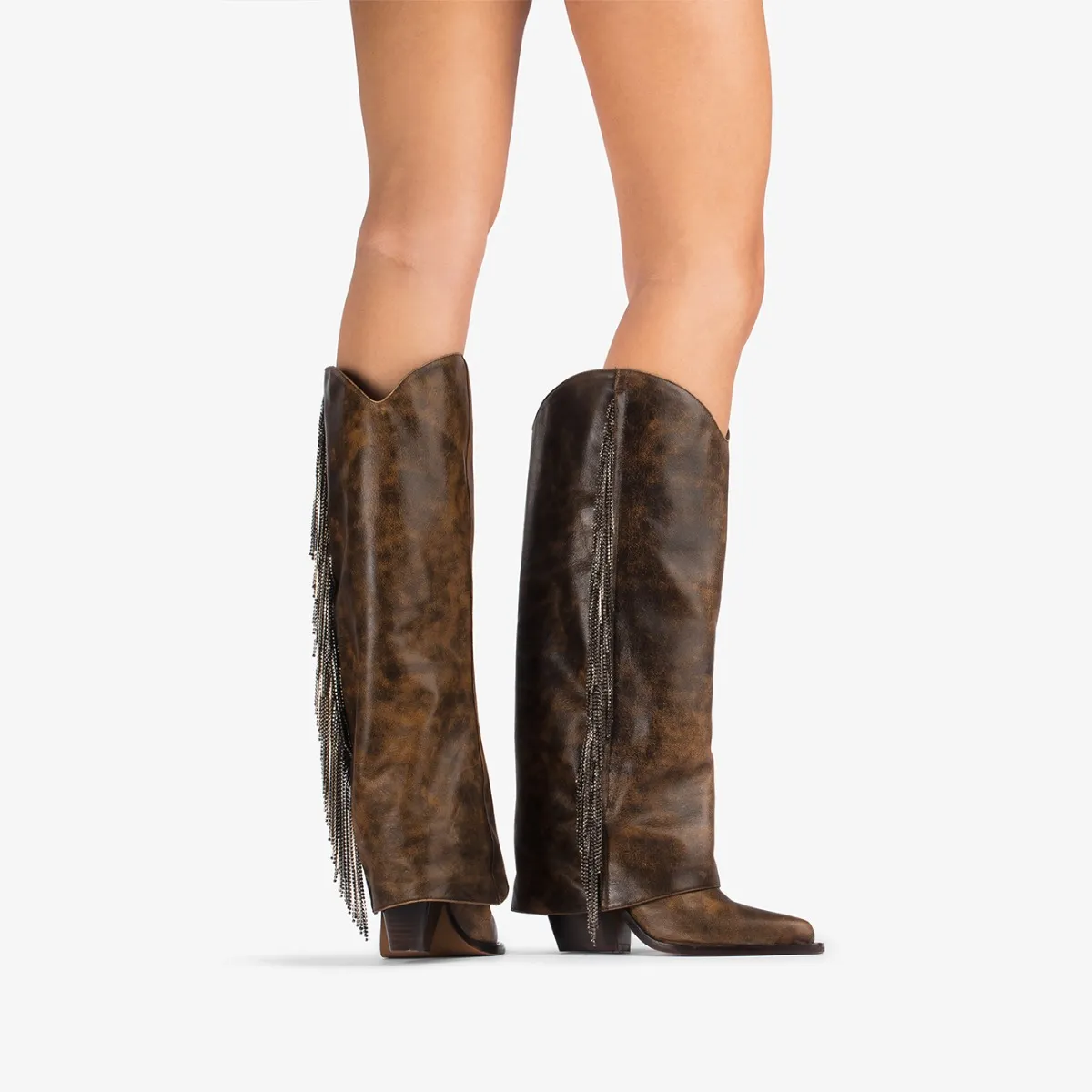 JEWEL COWBOY BOOT 100 mm Brown vintage effect leather cuffed Western-inspired knee boot