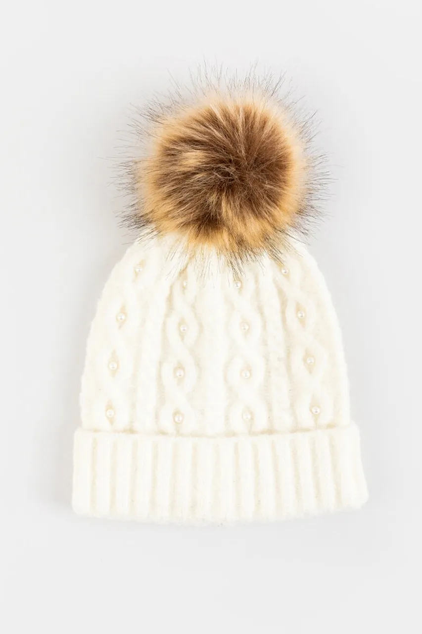 Layla Cable Pearl Pom Beanie